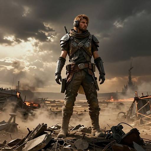 Photorealistic digital art of a muscular, armored warrior with brown hair standing on rubble, surrounded by burning wreckage under a stormy sky.
