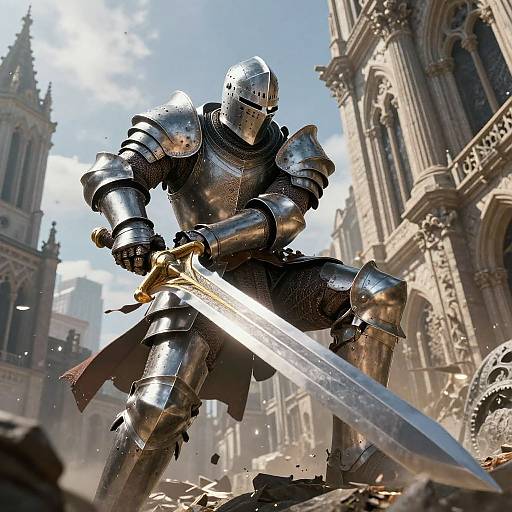 Digital artwork of a knight in shiny, reflective armor wielding a large sword, standing in a sunlit, chaotic Gothic cathedral.