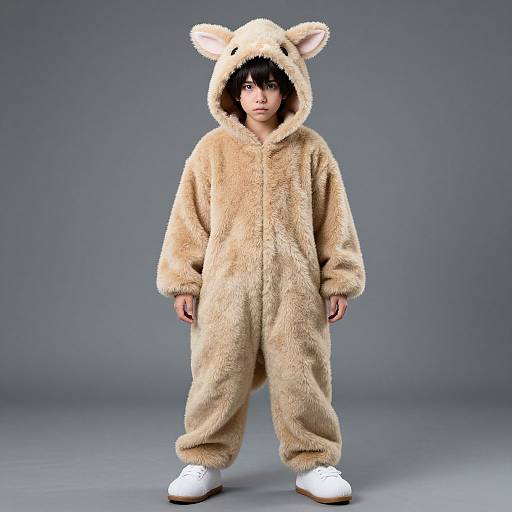 Photograph of a young boy with medium skin tone wearing a fluffy, beige animal onesie with ears, standing against a gray background, and white sneakers