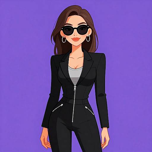 Digital drawing of a confident woman with long brown hair, black sunglasses, hoop earrings, black blazer, and pants, against a purple background.