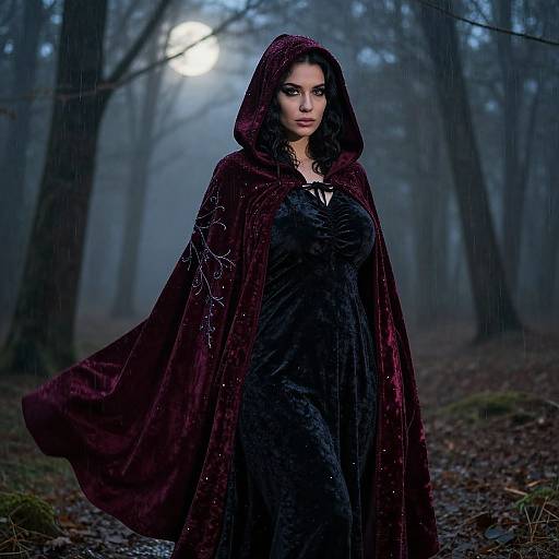 Photograph of a woman with dark hair, wearing a deep red hooded cape over a black dress, standing in a misty, moonlit forest