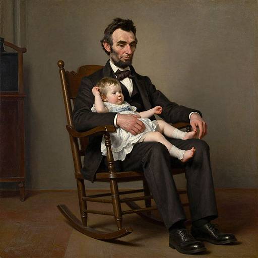 Photorealistic painting of a bearded man in a black suit holding a baby in a white dress, seated on a wooden rocking chair.