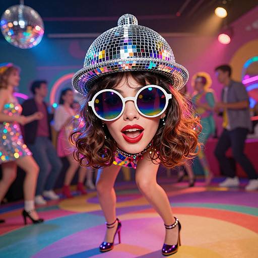 Photograph of a woman with curly hair, red lipstick, white-rimmed sunglasses, and a silver mirrored hat, dancing in a colorful, neon