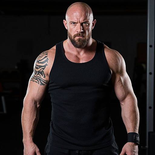 Photograph of a muscular, bald, bearded man with a black tank top, zebra tattoo on left arm, black wristband, and intense