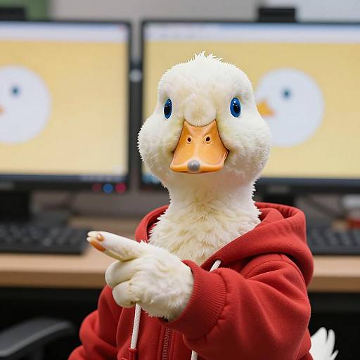 Intense White Duck in Red Hoodie