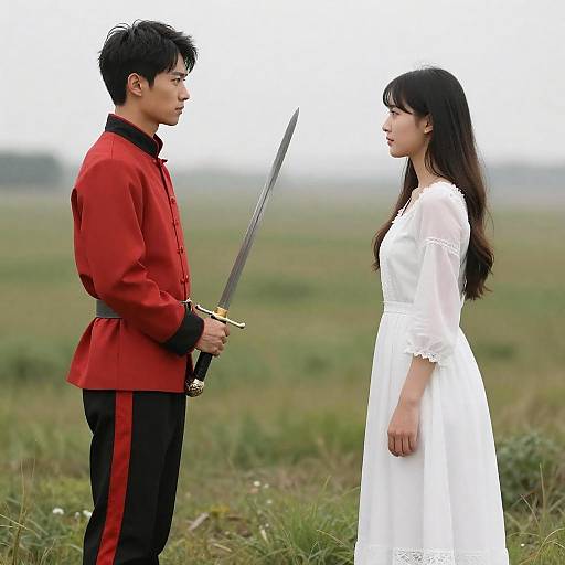 Red Jacket Swordsman Facing Lace Gowned Woman