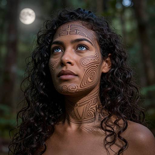 Photograph of a dark-haired, brown-skinned woman with intricate black tribal face paint, gazing upward in a dimly lit forest.