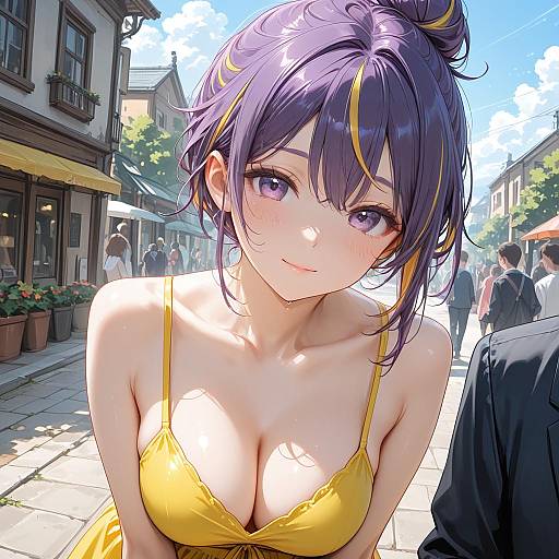 Anime Girl in Yellow Dress with Two-Tone Hair Outdoors