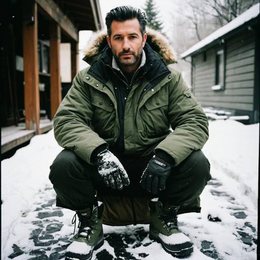 Man in Olive Green Winter Parka Squatting in Snow