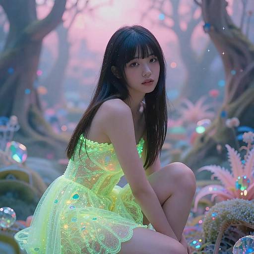 Ethereal Girl in Fluorescent Dress in Fantasy Forest