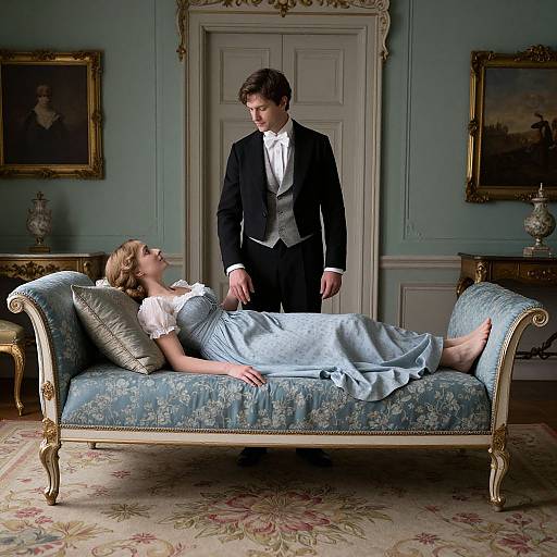 Photograph of a Victorian-style room: a man in a black suit and white tie stands beside a woman in a blue dress, lying on an orn