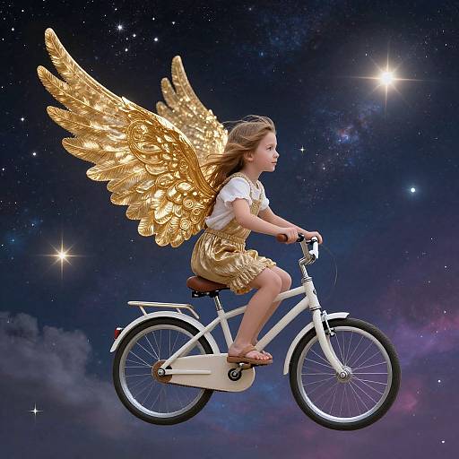 Photograph of a young girl with golden wings riding a white bicycle against a starry, cosmic night sky background.