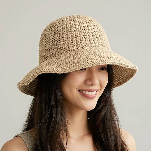 Photograph of a smiling Asian woman with long black hair wearing a beige, crocheted bucket hat against a plain white background.