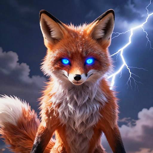 Digital art of a glowing blue-eyed, fiery orange fox with a lightning bolt background, showcasing vibrant fur and intense expression.