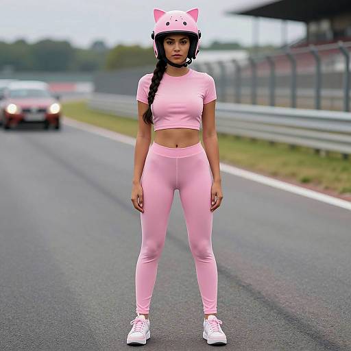 Stylish Woman in Pink Jockey Costume