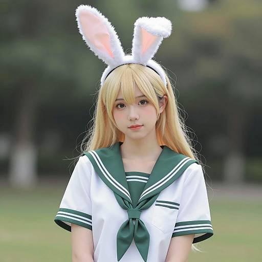 Young Woman in Sailor Outfit with Bunny Ears