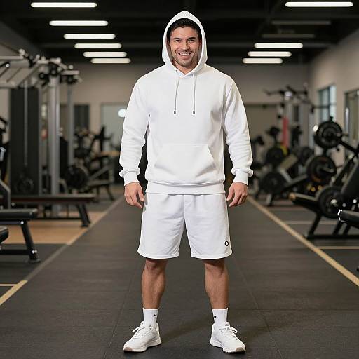 Photograph of a smiling, fit man in a white hoodie, shorts, and sneakers, standing in a modern gym with exercise equipment.