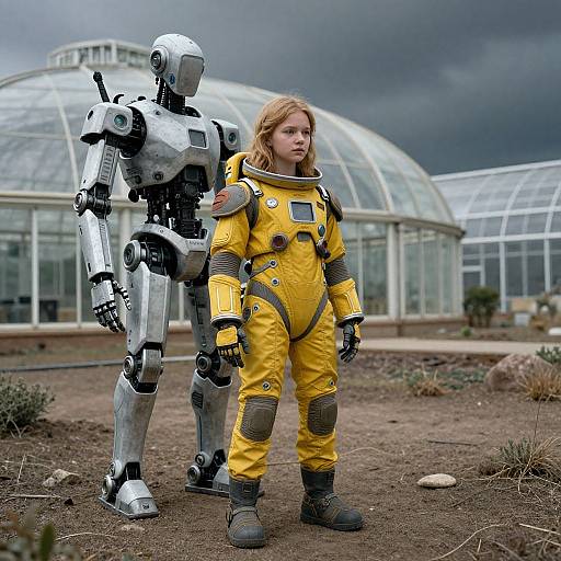 Photograph of a blonde girl in a yellow spacesuit standing beside a silver robot, in front of a glass greenhouse with a stormy sky background.