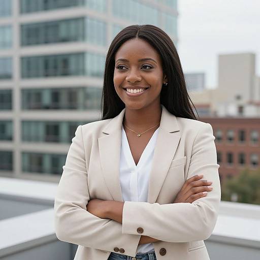 Photograph of a smiling Black woman with long straight hair, wearing a white blazer and white blouse, arms crossed, standing in front of modern city