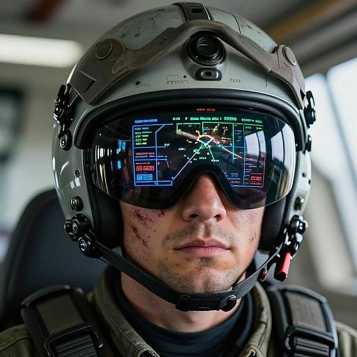 Close-up photograph of a male soldier in a high-tech helmet with reflective visor displaying digital maps and data, wearing tactical gear, with minor facial bruises