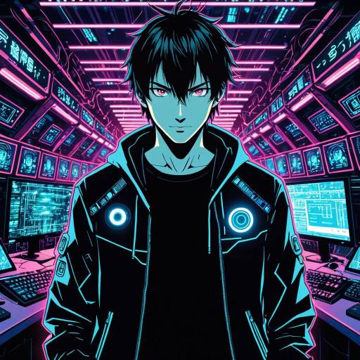 Cyberpunk Anime Hacker in Neon Den