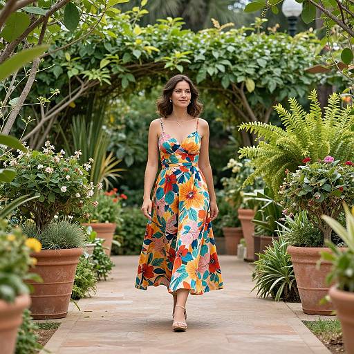 Photograph of a smiling woman in a vibrant, floral sundress walking down a sunlit, plant-filled garden path with potted plants on either side
