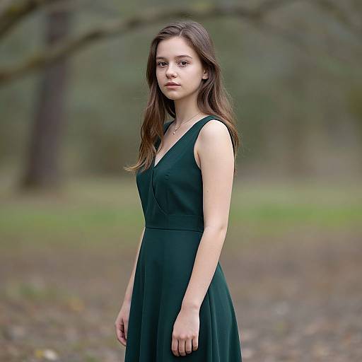 Photograph of a young woman with fair skin, long brown hair, and brown eyes, wearing a sleeveless dark green dress, standing in a blurred