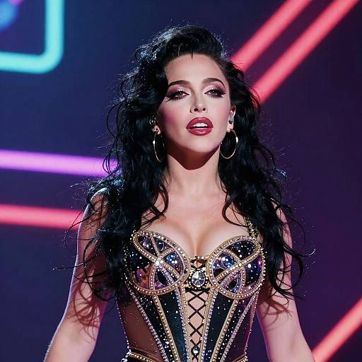 Photograph of a glamorous woman with long, wavy black hair, wearing a sparkly black and gold corset with lace-up front, under neon