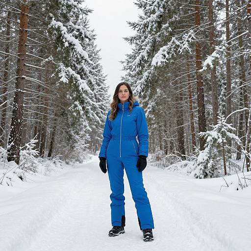 Photograph of a woman with long brown hair, wearing a bright blue winter jacket, pants, and black gloves, standing in a snowy forest path with
