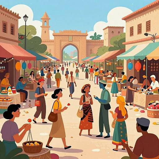 Vibrant digital illustration of a bustling, colorful market street with diverse people, stalls, lanterns, and historic buildings under a bright blue sky.
