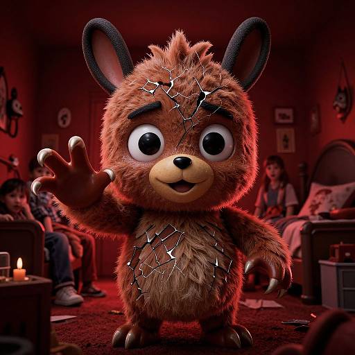Digital CGI of a cute, fuzzy, brown bear puppet with stitched patches, waving in a dimly lit, red-hued room with two children in