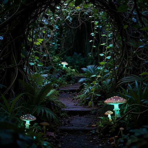 Enchanted Dark Garden with Glowing Mushrooms