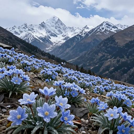 Photograph of a vibrant blue mountain meadow with snow-capped peaks in the background, showcasing numerous delicate blue flowers and green foliage under a cloudy sky