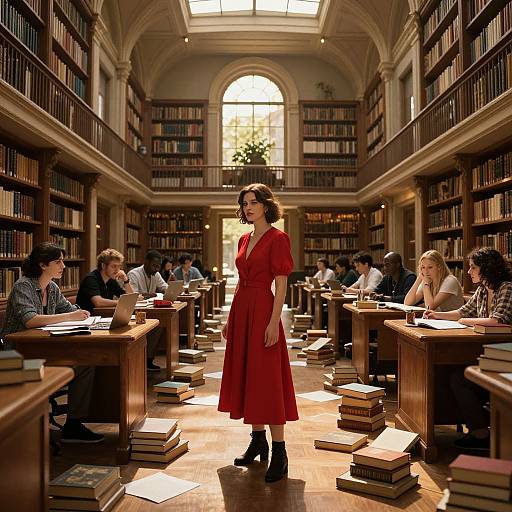 Photograph of a library with tall bookshelves, sunlight streaming from an arched window. A woman in a red dress stands confidently among seated readers