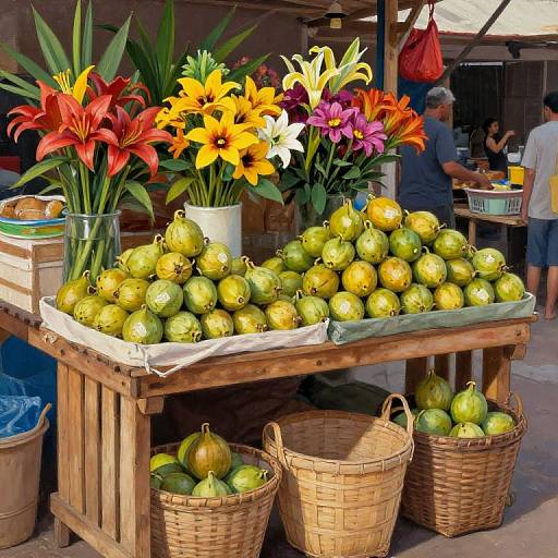 Vibrant market scene: wooden table with green citrus fruits, three potted flowers (red, yellow, pink lilies), wicker baskets,
