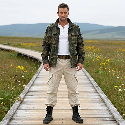 Photograph of a muscular man with short brown hair, wearing a camouflage jacket, white shirt, beige pants, and black boots, standing on a wooden