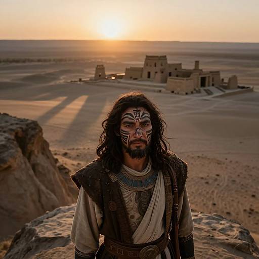 Photograph of a bearded man with painted face, wearing tribal attire, standing in desert at sunset, with ancient adobe buildings in background.