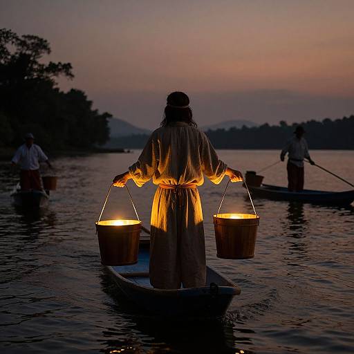 Photograph of a silhouetted woman in traditional attire, carrying two glowing buckets on a small boat at twilight, surrounded by calm water and other