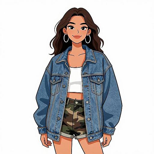Digital illustration of a smiling woman with long dark hair, wearing a blue denim jacket, white crop top, and camo shorts, large hoop earrings,