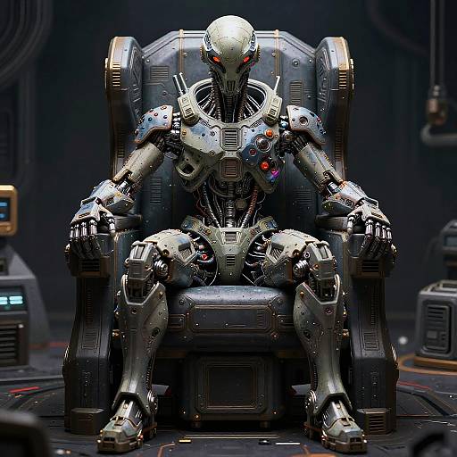 CGI image of a silver, humanoid robot with red eyes, seated on a high-tech throne in a dark, futuristic lab.