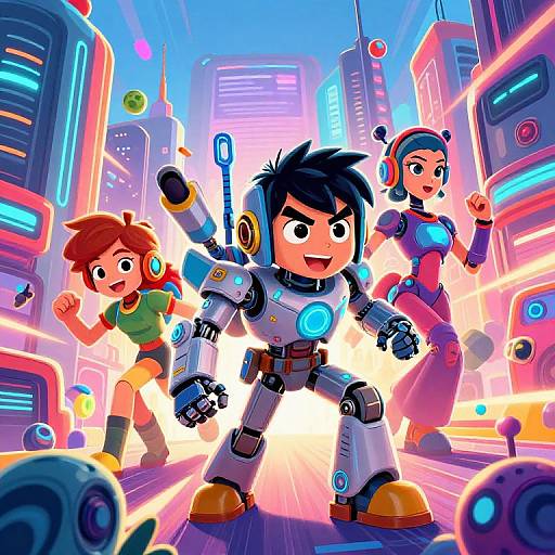 Vibrant digital illustration of three cartoon kids in futuristic robot suits, fighting in a neon-lit, cyberpunk city street. Bold colors, dynamic