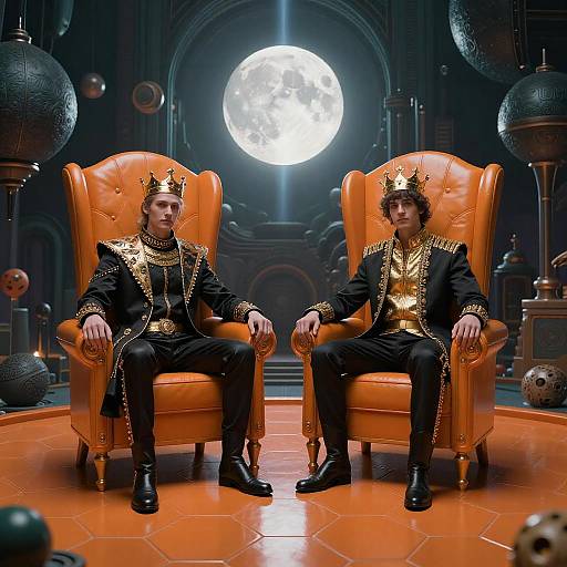 Futuristic Kings in Surreal Throne Room