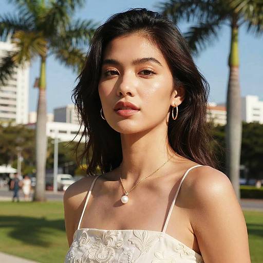 Photograph of a young Asian woman with long black hair, wearing a white lace dress, hoop earrings, and a gold necklace, standing in a sunny