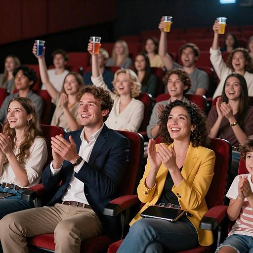 Lively Movie Theater Crowd in Red Seats