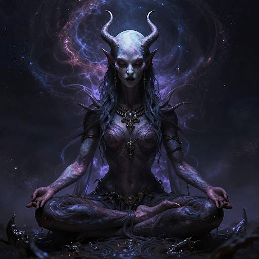 Digital art of a pale, horned, demonic woman with long black hair, sitting cross-legged in a dark, cosmic background, wearing dark armor and