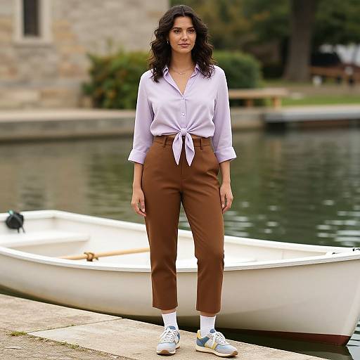 Photograph of a young woman with curly dark hair, wearing a tied white blouse, brown high-waisted pants, white socks, and white sneakers