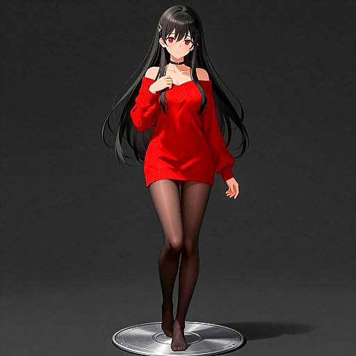 Anime Girl in Red Sweater and Black Pantyhose