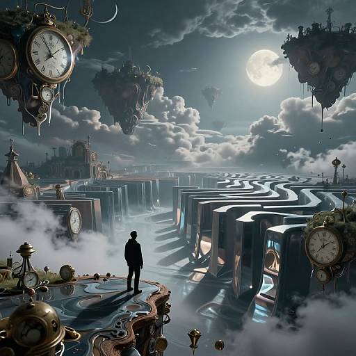 Fantasy digital art: Silhouetted figure stands on reflective, clock-laden maze bridge, moonlit cloudy sky, floating clock islands, surreal