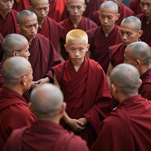 Young Blonde Buddhist Monk Among Senior Monks