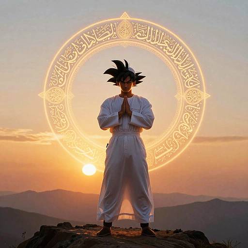 Photograph of anime character Goku, with spiky black hair, in white robes, standing in front of a glowing, Arabic-inscribed circle at sunset